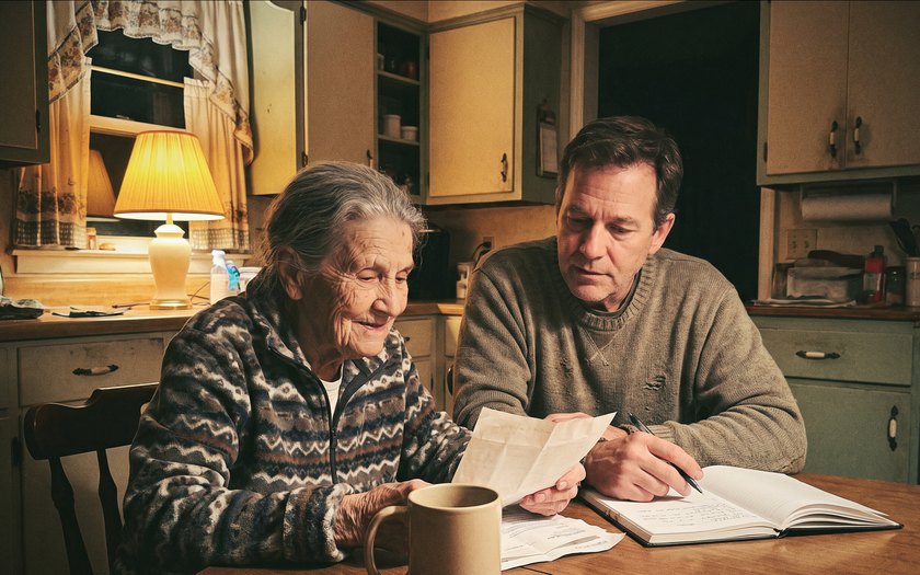 An older woman and her son going through paperwork together at the kitchen table
