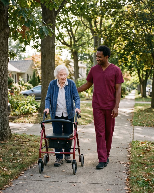 A caregiver walking alongside an older woman using a wheeled walker on a tree-lined sidewalk