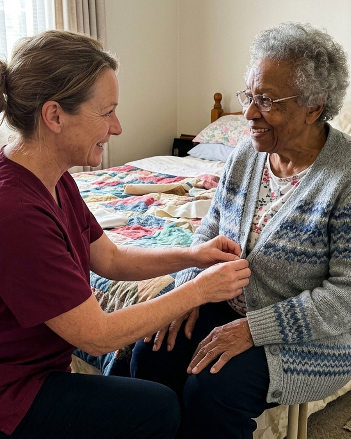 A caregiver helping an older woman button her cardigan at the edge of her bed