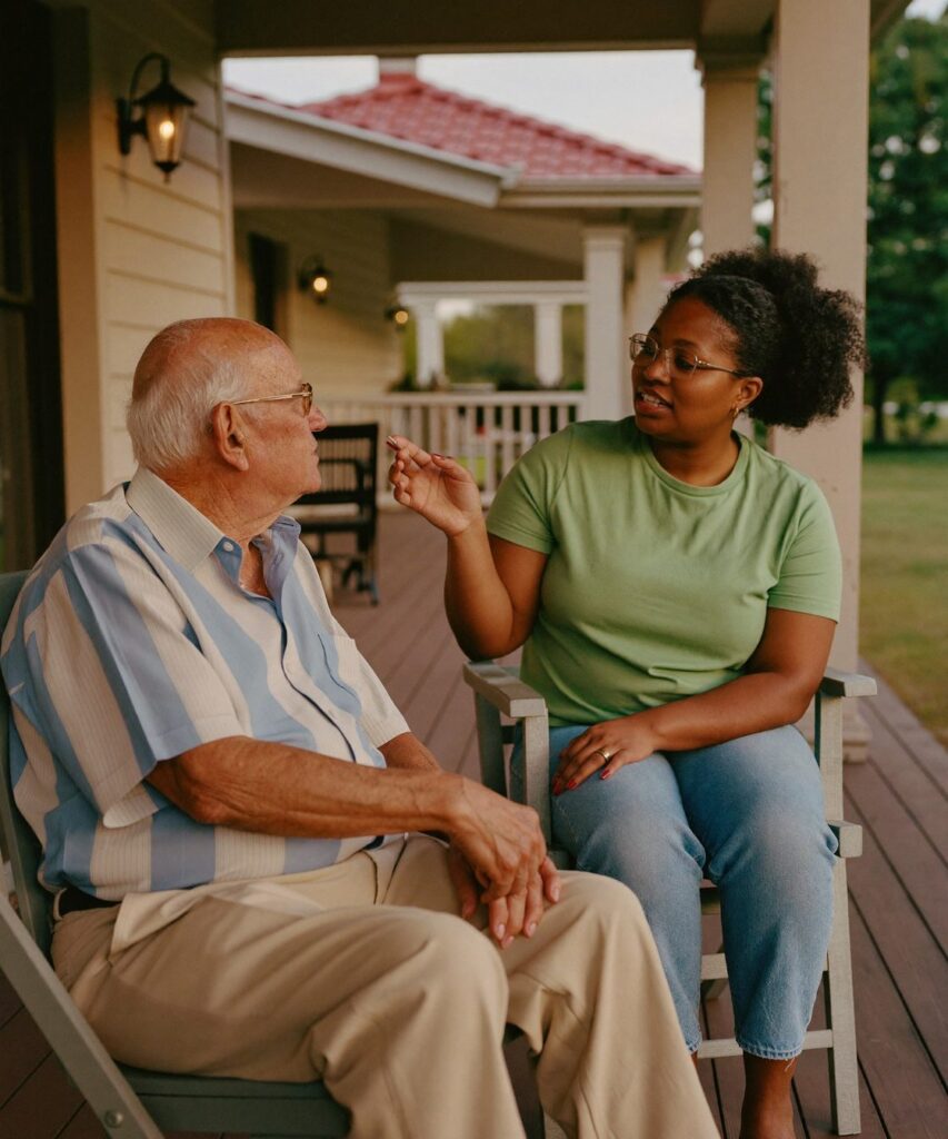 A caregiver and an older man talking on a front porch